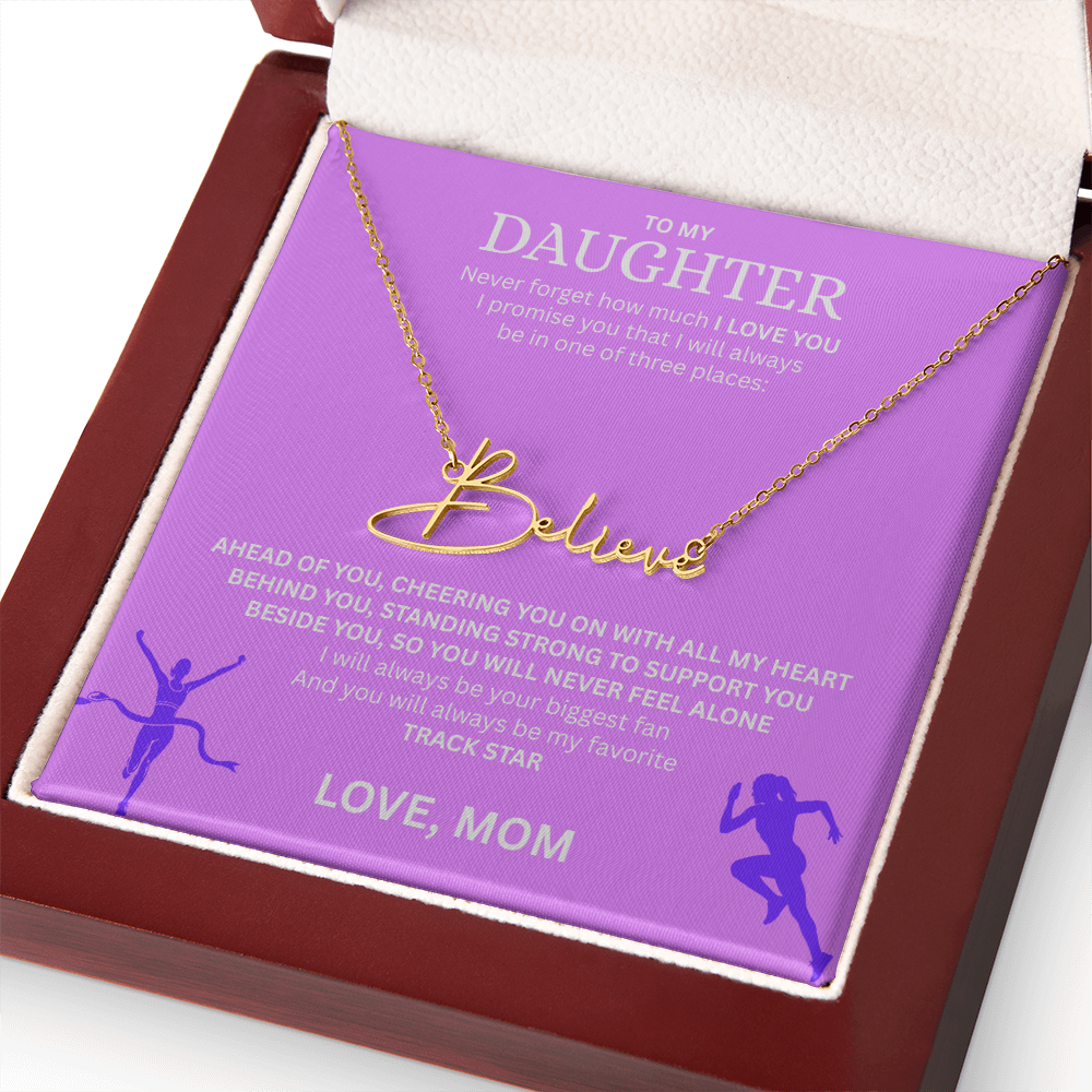 Commend your daughters hard work with this gift; the "Signature Name Necklace"