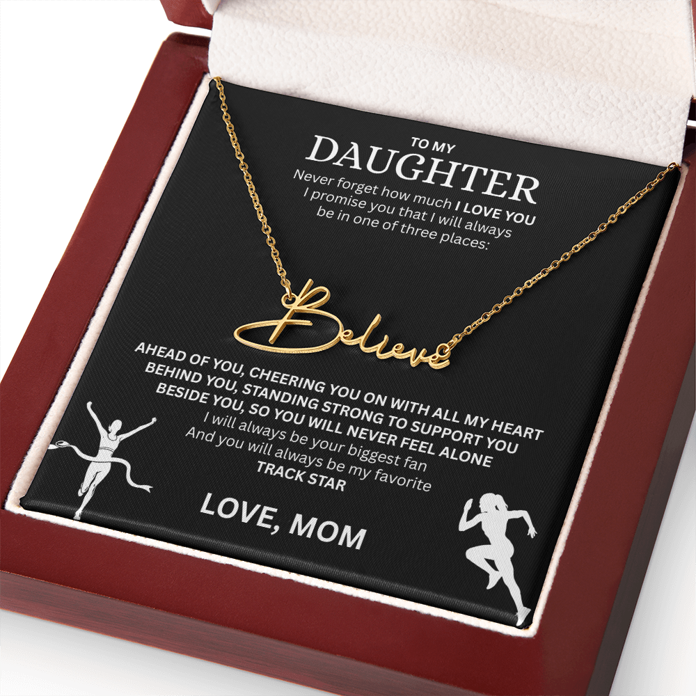 Commend your daughters hard work with this gift; the "Signature Name Necklace"