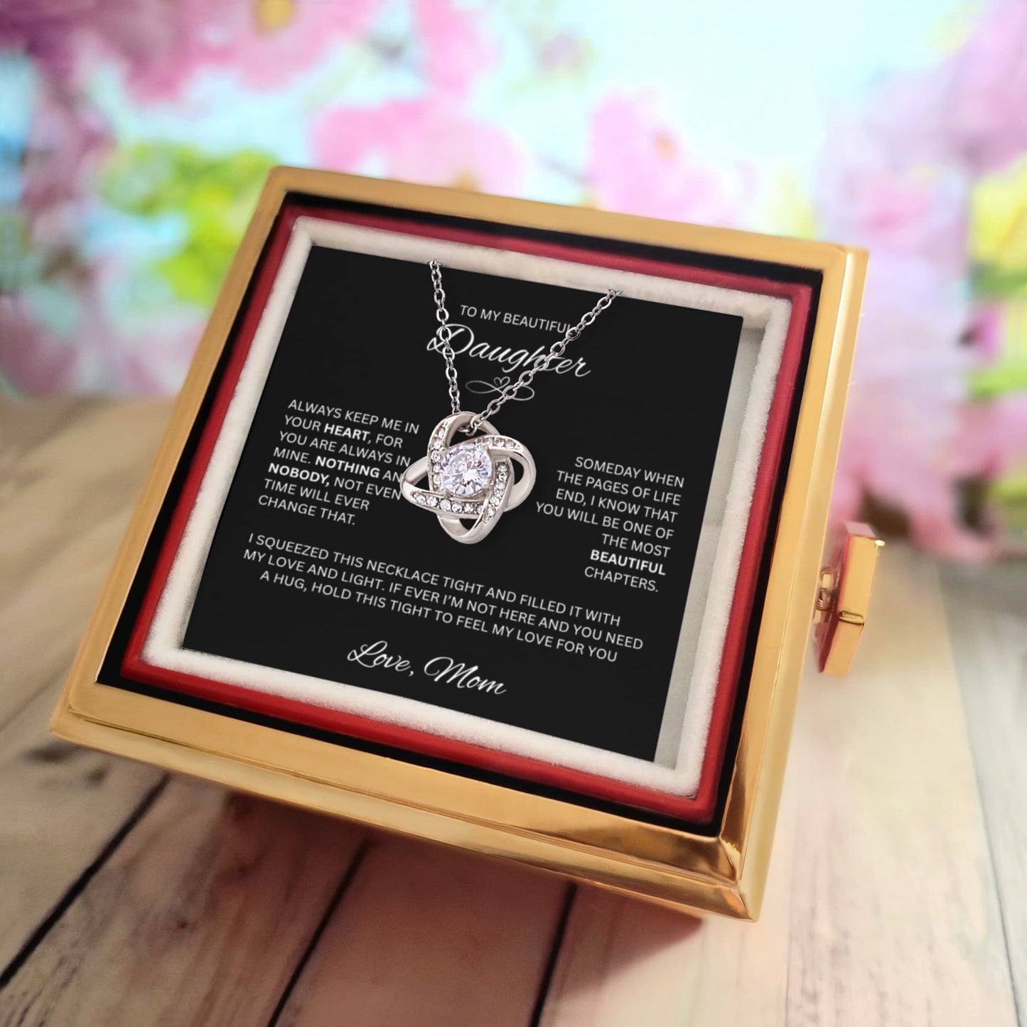 Gift for Daughter "To My Beautiful Daughter, Love Mom" Love Knot Necklace