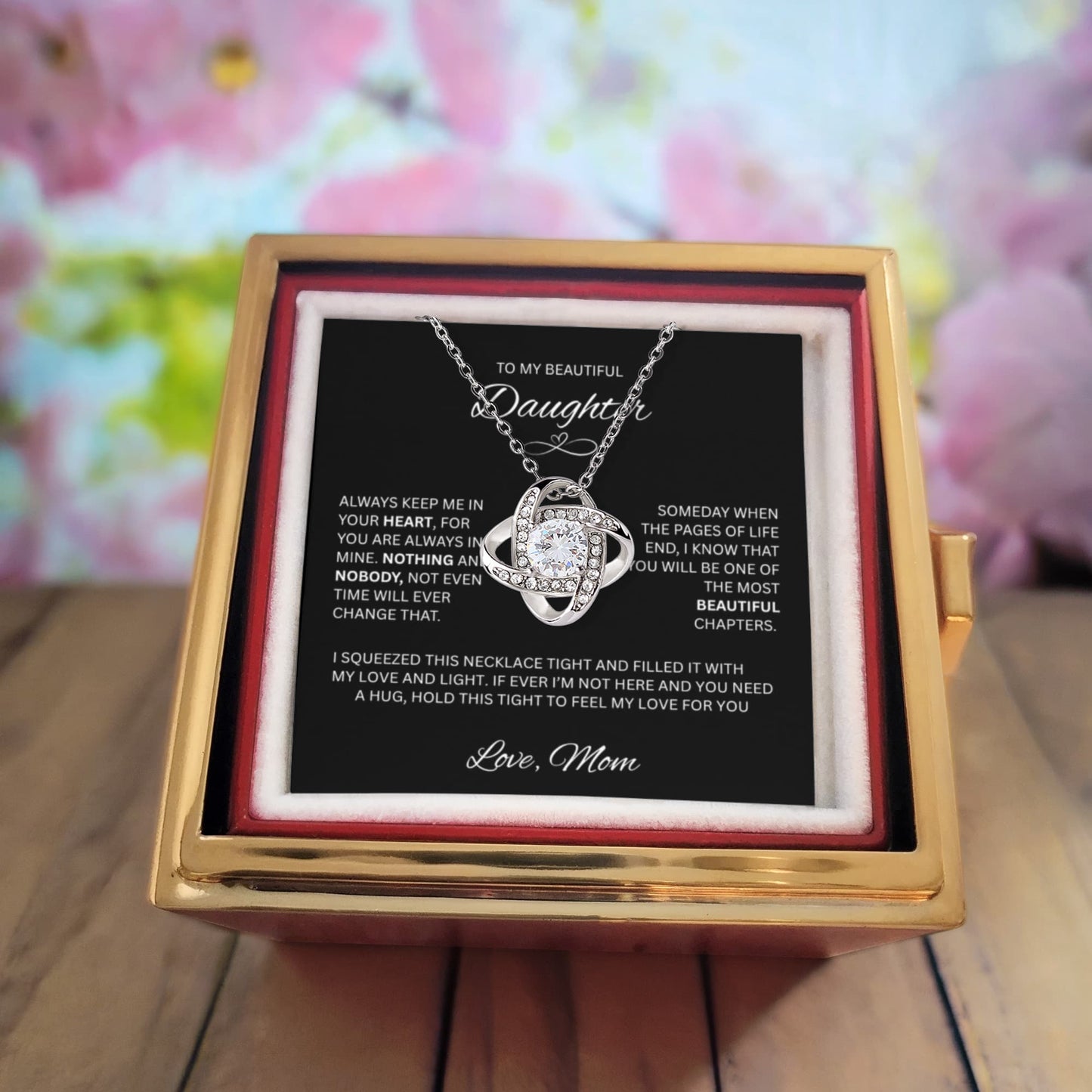 Gift for Daughter "To My Beautiful Daughter, Love Mom" Love Knot Necklace