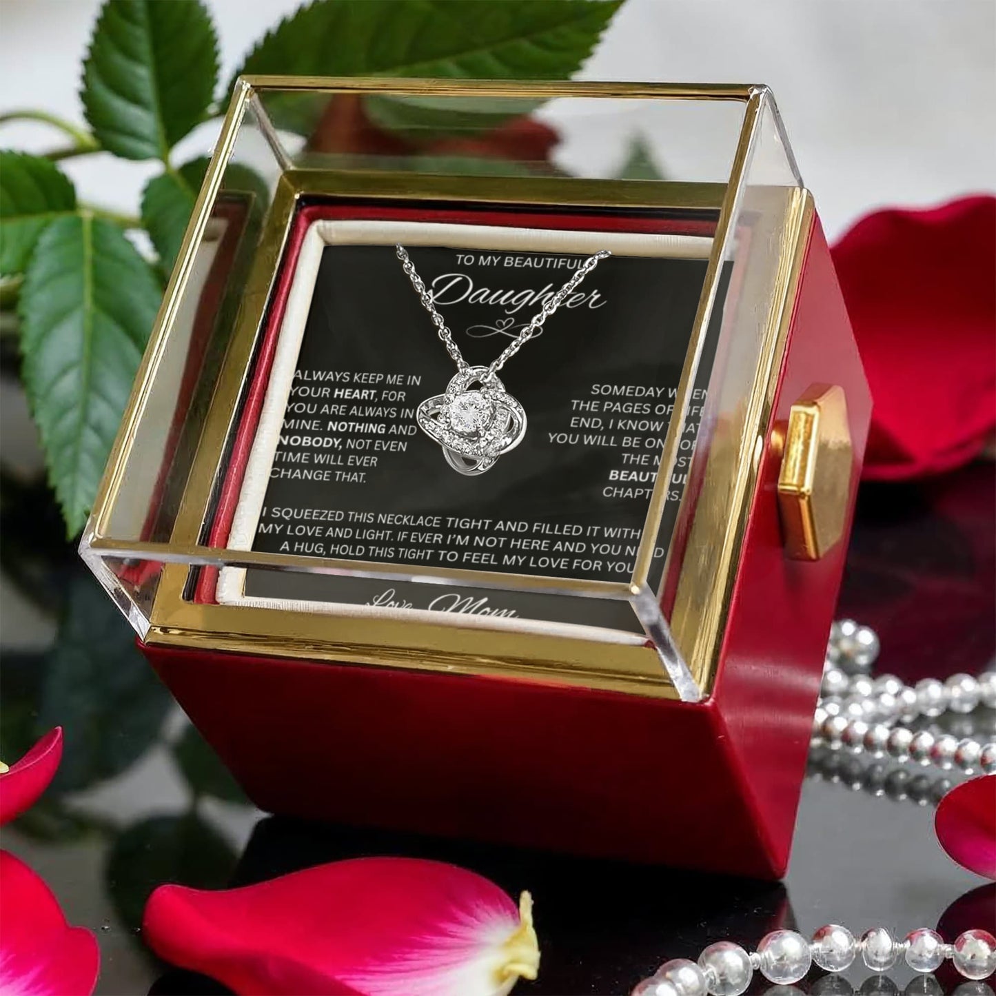 Gift for Daughter "To My Beautiful Daughter, Love Mom" Love Knot Necklace