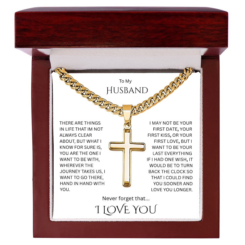 A Divine symbol of faith in Christ for "Your Husband"; Artisan Cross w/ Cuban Chain