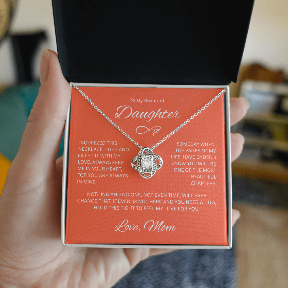 Daughter Gift "To My Beautiful Daughter, Love Mom" Love Knot Necklace