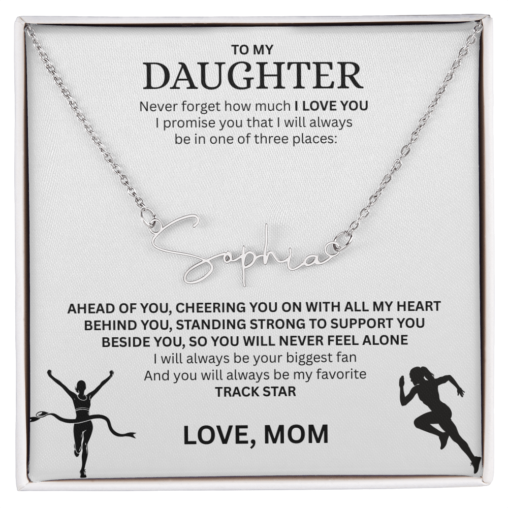 Commend your daughters hard work with this gift; the "Signature Name Necklace"