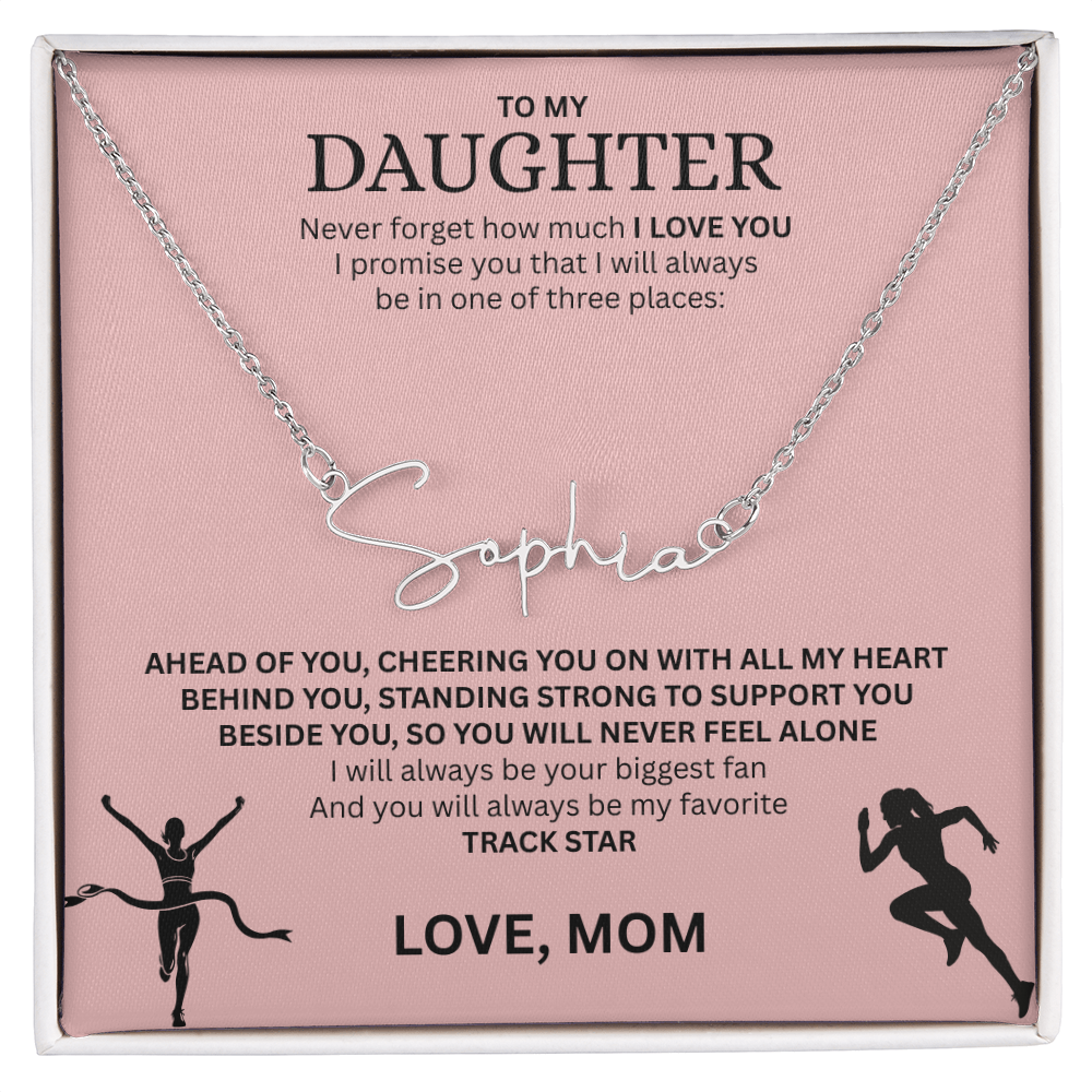 Commend your daughters hard work with this gift; the "Signature Name Necklace"