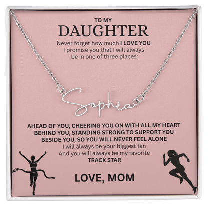 Commend your daughters hard work with this gift; the "Signature Name Necklace"