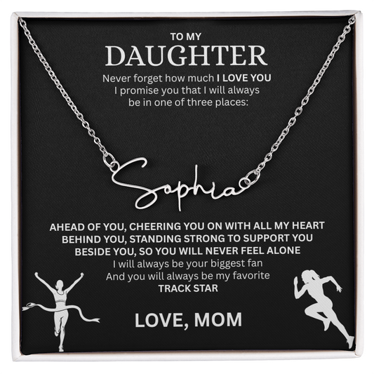 Commend your daughters hard work with this gift; the "Signature Name Necklace"