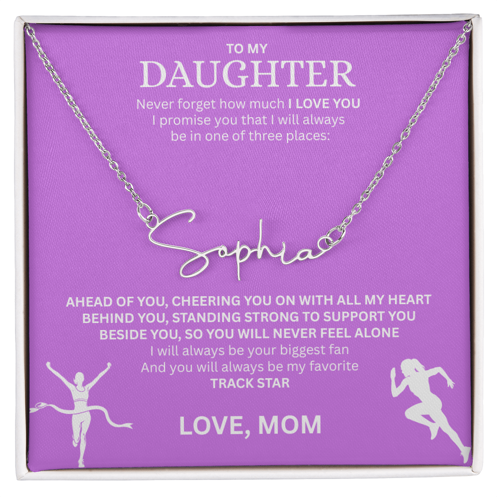 Commend your daughters hard work with this gift; the "Signature Name Necklace"