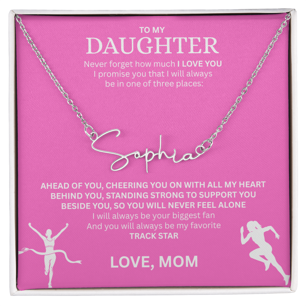 Commend your daughters hard work with this gift; the "Signature Name Necklace"