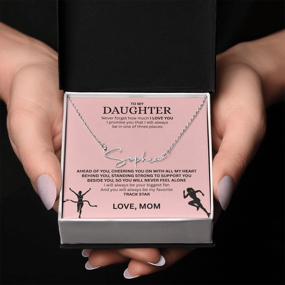 Commend your daughters hard work with this gift; the "Signature Name Necklace"