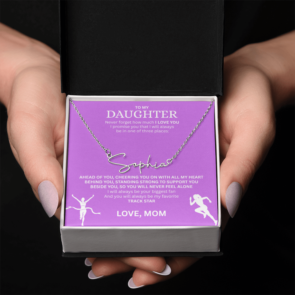 Commend your daughters hard work with this gift; the "Signature Name Necklace"