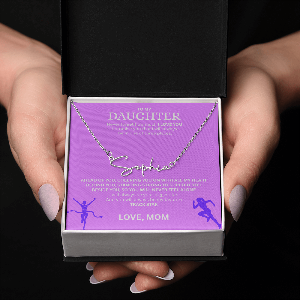 Commend your daughters hard work with this gift; the "Signature Name Necklace"