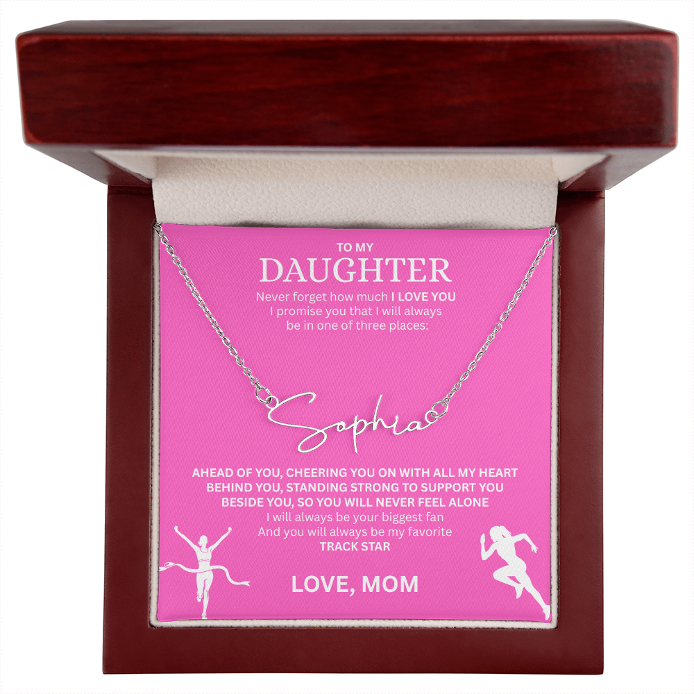 Commend your daughters hard work with this gift; the "Signature Name Necklace"