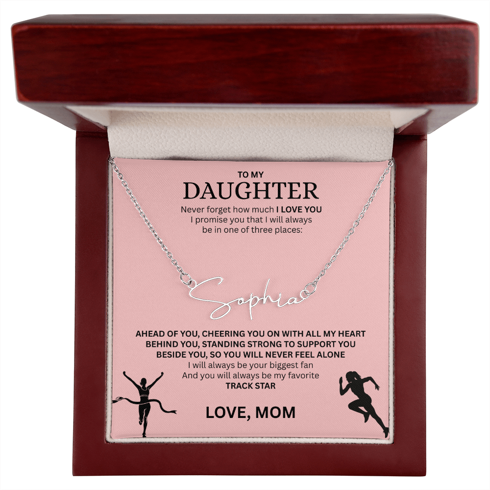 Commend your daughters hard work with this gift; the "Signature Name Necklace"