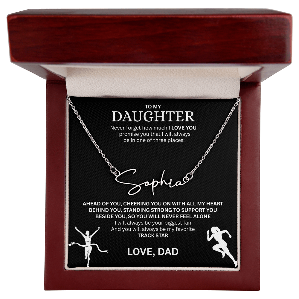 Commend your daughters hard work with this gift; the "Signature Name Necklace"