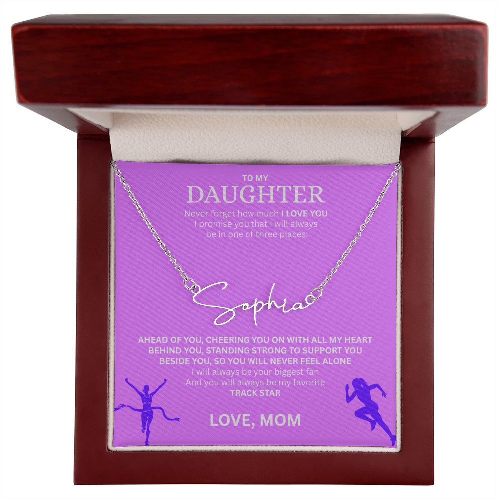 Commend your daughters hard work with this gift; the "Signature Name Necklace"