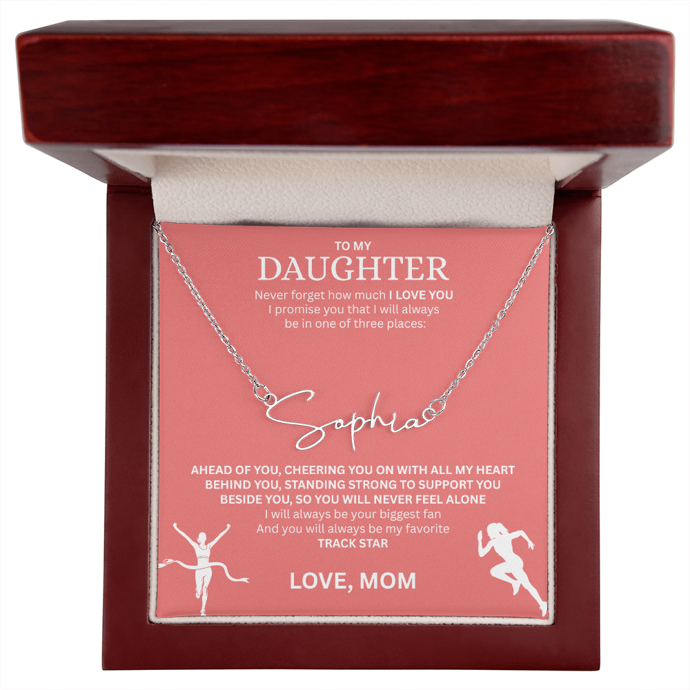 Commend your daughters hard work with this gift; the "Signature Name Necklace"