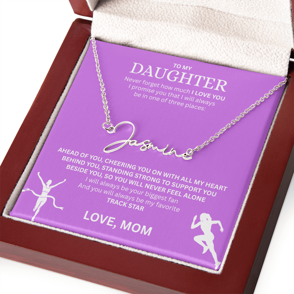 Commend your daughters hard work with this gift; the "Signature Name Necklace"