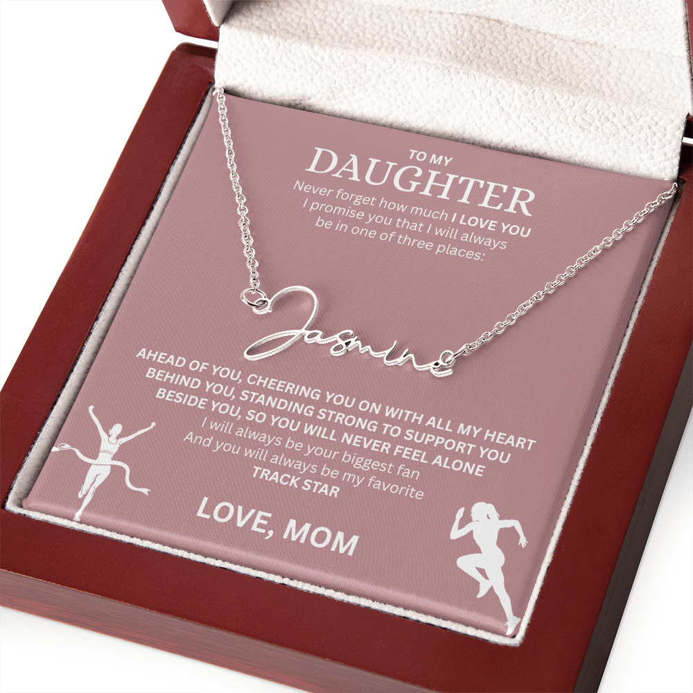 Commend your daughters hard work with this gift; the "Signature Name Necklace"