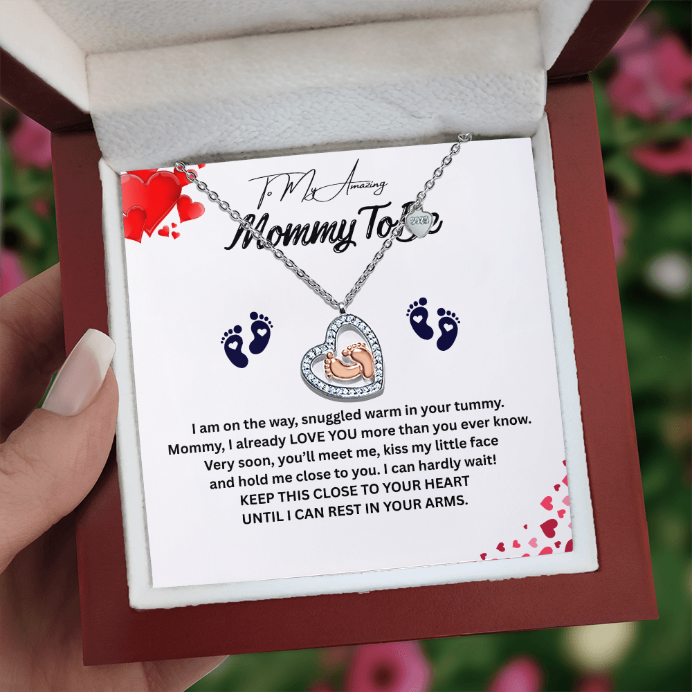 Angelic Gift for "Mommy To Be" Baby Feet Heart Necklace