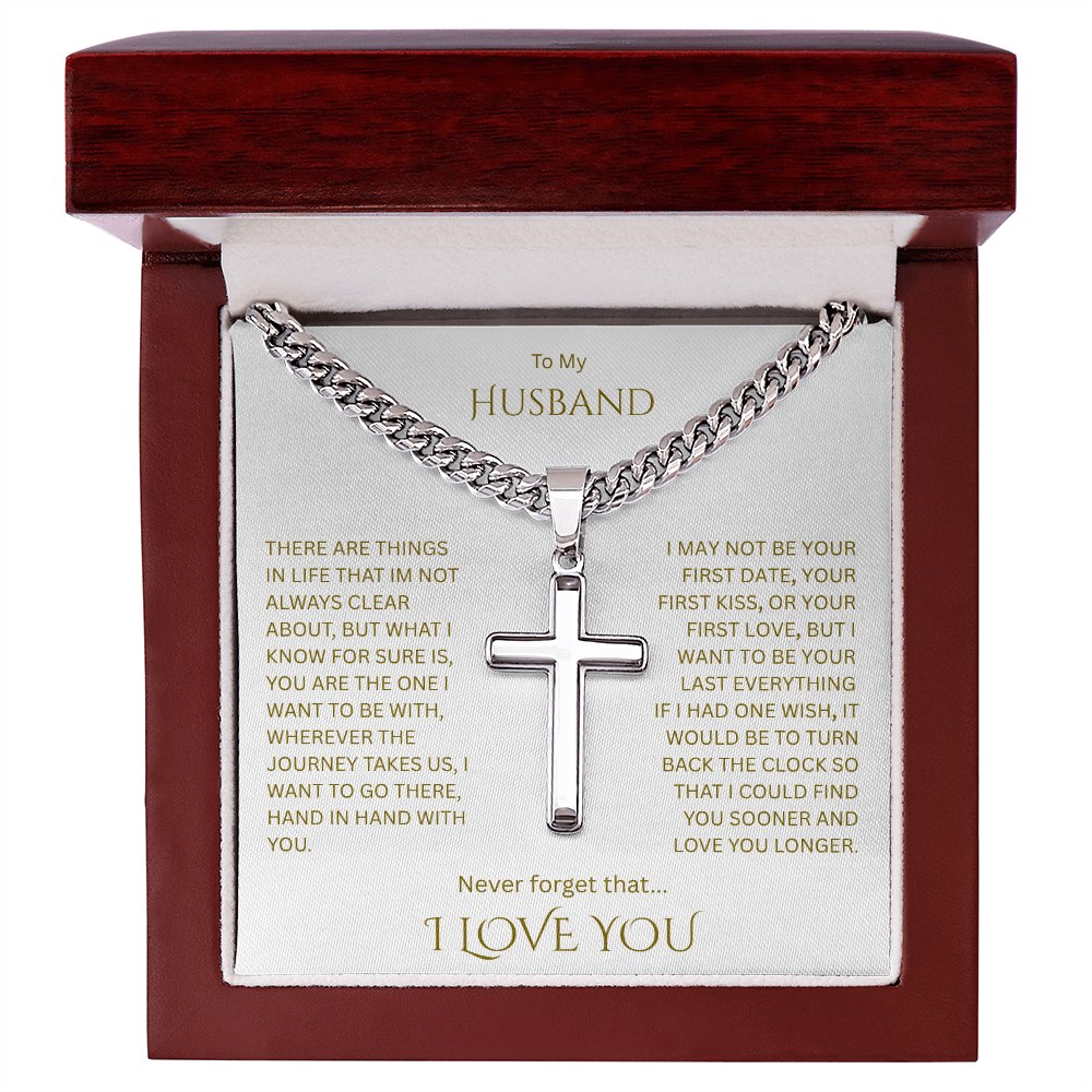 A Divine symbol of faith in Christ for "Your Husband"; Artisan Cross w/ Cuban Chain