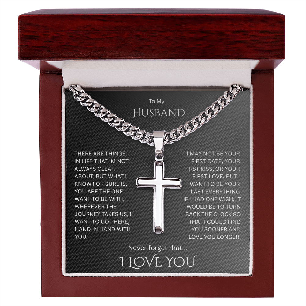 A Divine symbol of faith in Christ for "Your Husband"; Artisan Cross w/ Cuban Chain