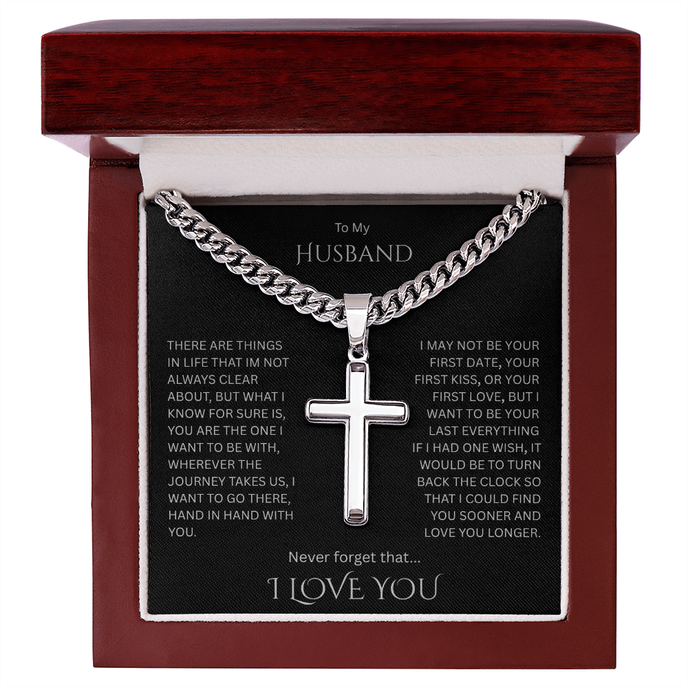 A Divine symbol of faith in Christ for "Your Husband"; Artisan Cross w/ Cuban Chain