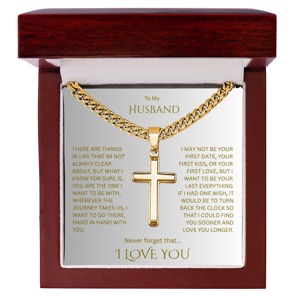 A Divine symbol of faith in Christ for "Your Husband"; Artisan Cross w/ Cuban Chain